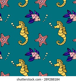 Seamless pattern with colorful sea creatures: fish, seahorse, starfish