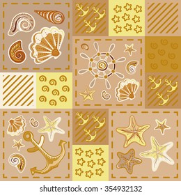 Seamless pattern with colorful sea creatures in patchwork style. Ocean element, baby decorative vector seamless pattern. Vector illustration.