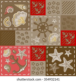 Seamless pattern with colorful sea creatures in patchwork style. Ocean element, baby decorative vector seamless pattern. Vector illustration.