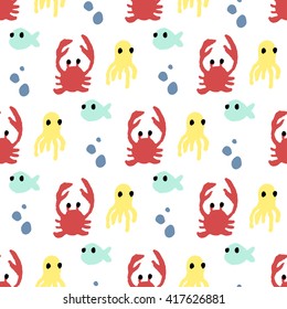 Seamless pattern with colorful sea creatures vector illustration with fish, octopus, crab