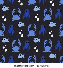 Seamless pattern with colorful sea creatures vector illustration with fish, octopus, crab