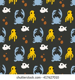 Seamless pattern with colorful sea creatures vector illustration with fish, octopus, crab