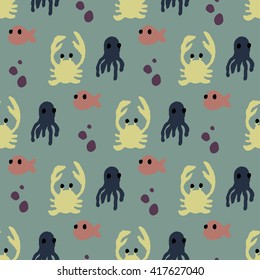 Seamless pattern with colorful sea creatures vector illustration with fish, octopus, crab