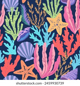 Seamless pattern with colorful sea elements, corals, seaweeds, shells and sea stars. Vector illustration.