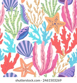 Seamless pattern with colorful sea elements, corals, seaweeds, shells and sea stars. Vector illustration.