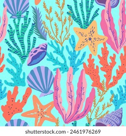 Seamless pattern with colorful sea elements, corals, seaweeds, shells and sea stars. Vector illustration.