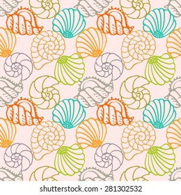 Seamless pattern with colorful sea shells. Repeating print background texture. Cloth design. Wallpaper, wrapping  
