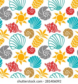 Seamless pattern with colorful sea shells, sun and pineapples. Repeating print background texture. Cloth design. Wallpaper, wrapping  