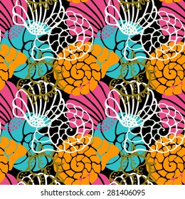Seamless pattern with colorful sea shells. Repeating print background texture. Cloth design. Wallpaper, wrapping  