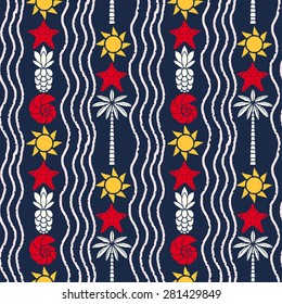 Seamless pattern with colorful sea shells, sun, palm trees, pineapples, starfish, waves. Summer beach print, repeating background texture 
