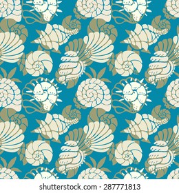 Seamless pattern with colorful sea shells. Repeating print background texture. Cloth design. Wallpaper, wrapping  