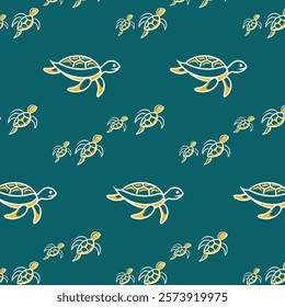 Seamless Pattern of Colorful Sea Turtles on Teal Background