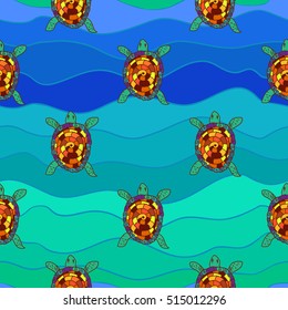 Seamless pattern with colorful sea turtles, vector illustration