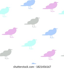 Patrón sin foco con gaviotas coloridas aisladas sobre fondo blanco. Impresión de animales dibujados, estilo infantil. Cuto adorno de gaviotas graciosas para papel textil o envolvente, diseño vectorial eps 10