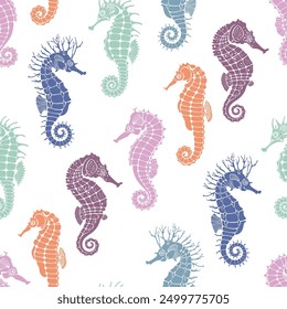 Seamless pattern with colorful  seahorses on white. Vector. Marine background. Perfect for wallpaper, wrapping, fabric, print and textile. 