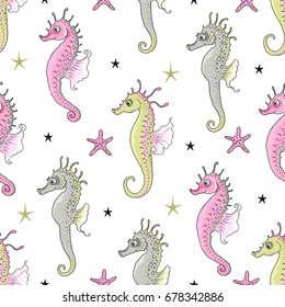 Seamless pattern with colorful seahorses and sea stars, vector illustration for baby on white background.