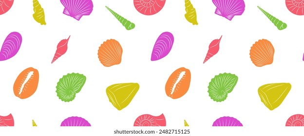 Seamless pattern of colorful seashell shapes on a white background