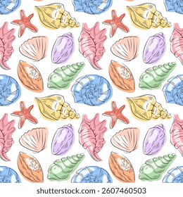 Seamless pattern with colorful seashell, starfish and marine element in flat style. Perfect for beach themed design, fabric print, wallpaper and summer project.
