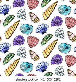 Seamless pattern with colorful seashell without background.