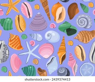 Seamless pattern with colorful seashells on a blue background. Seashells of different shapes. Starfish. Summer and sea pattern. 