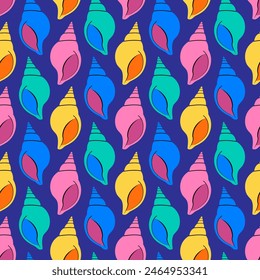 Patrón sin costuras con conchas de colores sobre fondo azul en estilo plano moderno. Patrón de moda para tela, textil, papel de embalaje, Fondo de pantalla, pegatinas, cubierta de cuaderno. Ilustración vectorial