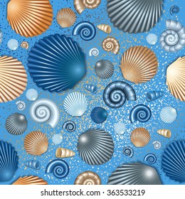 Seamless pattern with colorful seashells on blue background. Vector illustration.