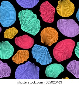 Seamless pattern of colorful seashells on a black background.