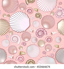 Seamless pattern with colorful seashells on pink background. Vector illustration.