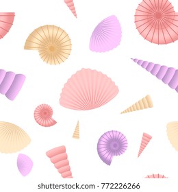 Seamless pattern with colorful seashells on white background. 