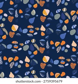 Seamless pattern with colorful seashells and pebbles lying on dark blue background creating a cheerful and vibrant underwater scene, perfect for summer themed projects and beach inspired designs
