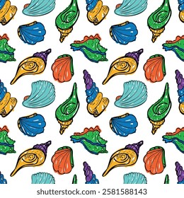 Seamless pattern of colorful seashells with a playful, hand drawn style. Imperfect coloring effect of a childs artwork. The uneven strokes and spontaneous coloring 