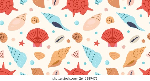 Seamless pattern with colorful seashells, starfishes and marine elements. Bright summer design for beach themed products, packaging or textile. Vector illustration on light background, hand drawn