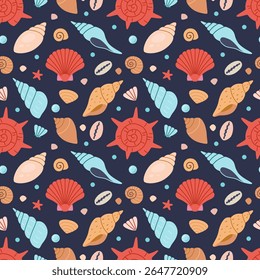 Seamless pattern with colorful seashells, starfishes and marine elements. Bright summer design for beach themed products, packaging or textile. Vector illustration on dark blue background, hand drawn