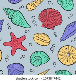 Seamless pattern - colorful seashells vector illustration
