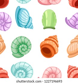 Seamless pattern. Colorful set of snails shells. Different shapes and colors. Archaeological finds. Flat vector illustration on white background.