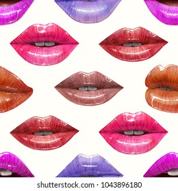 Seamless pattern of colorful sexy lips. Vector lipstick or lip gloss 3d realistic design. Fashion illustration