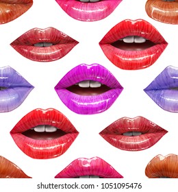 Seamless pattern of colorful sexy lips. Vector lipstick or lip gloss 3d realistic design. Fashion illustration