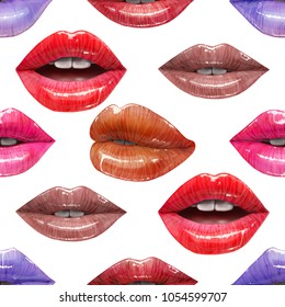 Seamless pattern of colorful sexy lips. Vector lipstick or lip gloss 3d realistic design. Fashion illustration