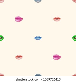 Seamless pattern of colorful sexy lips. Vector lipstick or lip gloss 3d realistic design. Fashion illustration