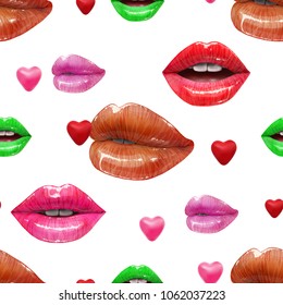 Seamless pattern of colorful sexy lips. Vector lipstick or lip gloss 3d realistic design. Fashion illustration