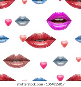 Seamless pattern of colorful sexy lips. Vector lipstick or lip gloss 3d realistic design. Fashion illustration