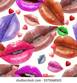 Seamless pattern of colorful sexy lips. Vector lipstick or lip gloss 3d realistic design. Fashion illustration