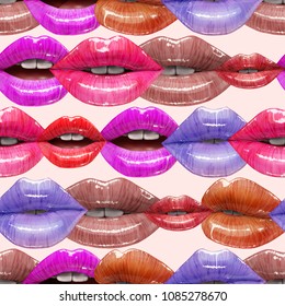 Seamless pattern of colorful sexy lips. Vector lipstick or lip gloss 3d realistic design. Fashion illustration