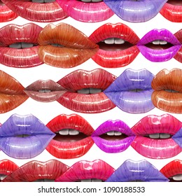 Seamless pattern of colorful sexy lips. Vector lipstick or lip gloss 3d realistic design. Fashion illustration
