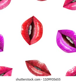 Seamless pattern of colorful sexy lips. Vector lipstick or lip gloss 3d realistic design. Fashion illustration
