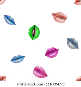 Seamless pattern of colorful sexy lips. Vector lipstick or lip gloss 3d realistic design. Fashion illustration