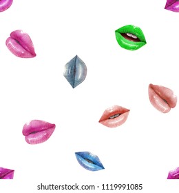 Seamless pattern of colorful sexy lips. Vector lipstick or lip gloss 3d realistic design. Fashion illustration