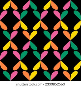 Seamless pattern with colorful of shape, heart or flower, yellow orange green and pink on black background.
