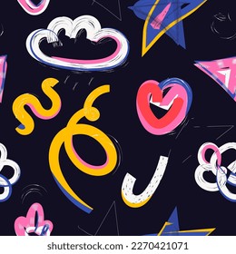 Seamless pattern with colorful shapes and doodles. Abstract geometric pattern with texture. Cloud, lightning, star, heart. Hand drawn modern vector illustration