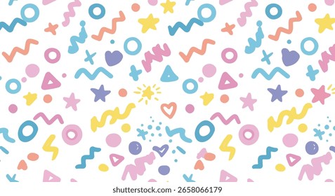Seamless Pattern of Colorful Shapes Including Stars Waves Circles Triangles and Dots on White